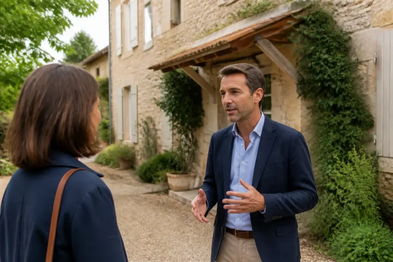 Un agent de Leggett discute devant une maison en pierre avec une cliente.