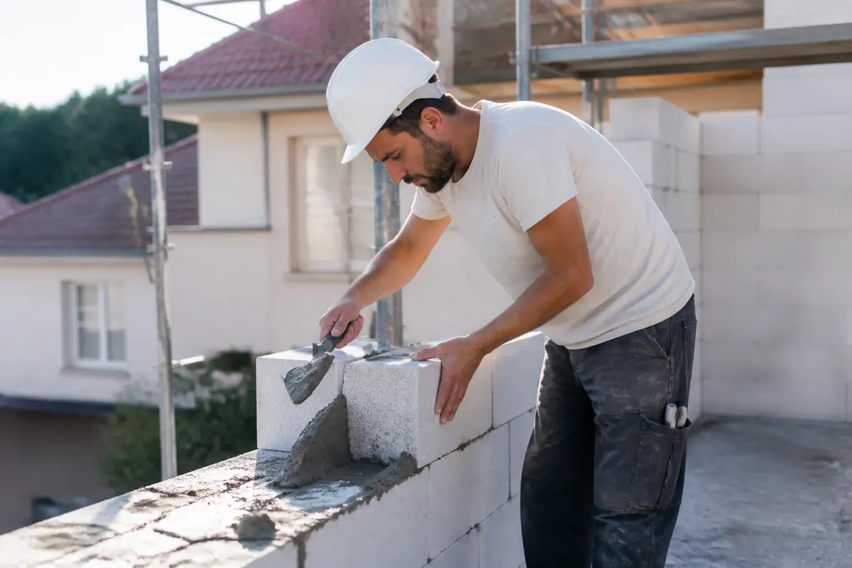 Ouvrier en construction effectuant des travaux de maçonnerie pour Les Nouveaux Constructeurs