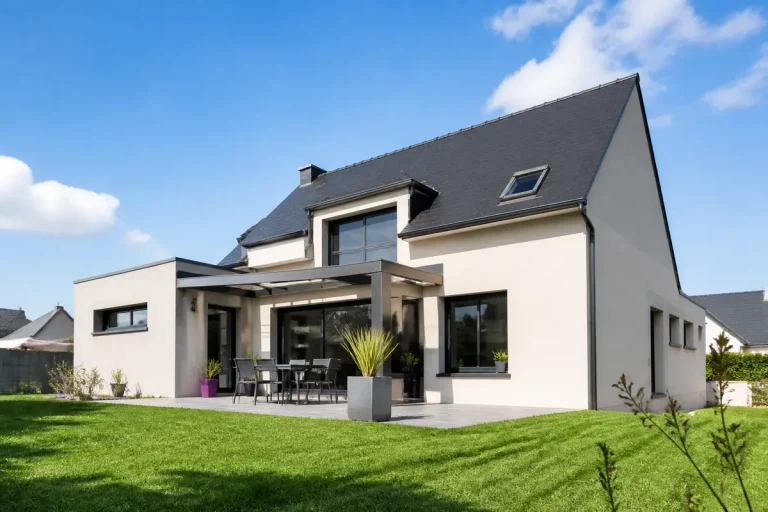 Maison contemporaine avec jardin, conçue par Maison France Confort, sous ciel bleu lumineux