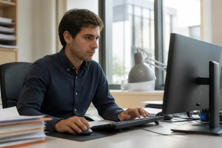 Homme concentré travaillant sur ordinateur dans un bureau pour Syndic One