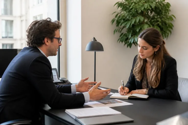 Consultation professionnelle chez Vacherand Immobilier dans un bureau moderne avec des documents et un carnet