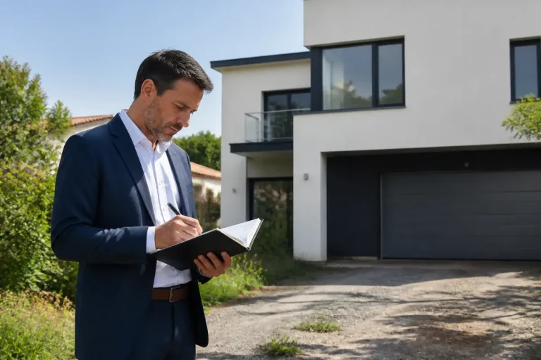 Agent immobilier prenant des notes devant une maison moderne pour carre-immo.com