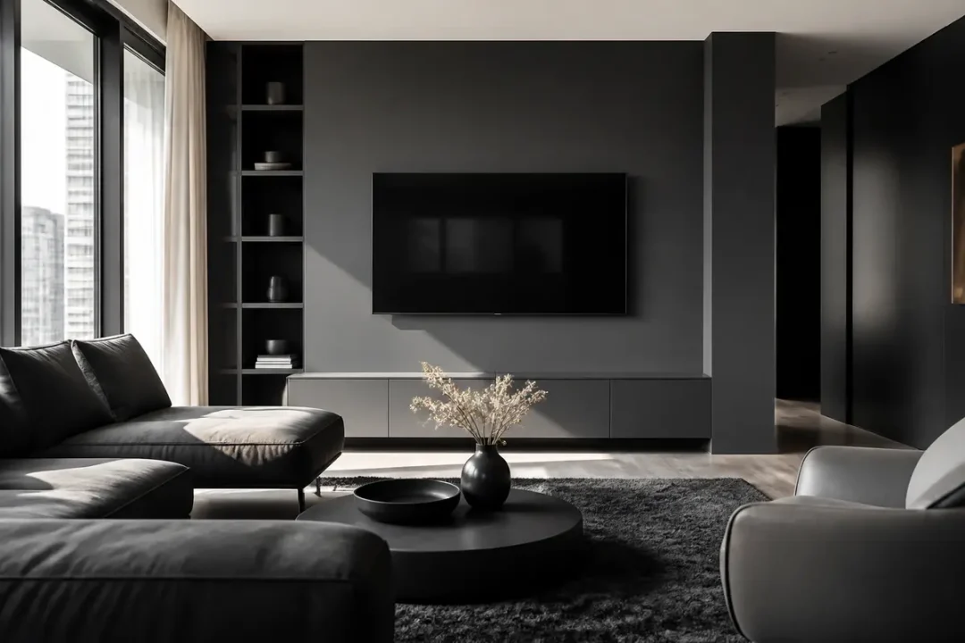 Salon moderne avec canapé et mur couleur anthracite, télévision et étagères encastrées