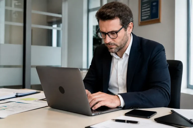 Homme en costume utilisant un ordinateur pour analyser le financement de marchandises immobilières