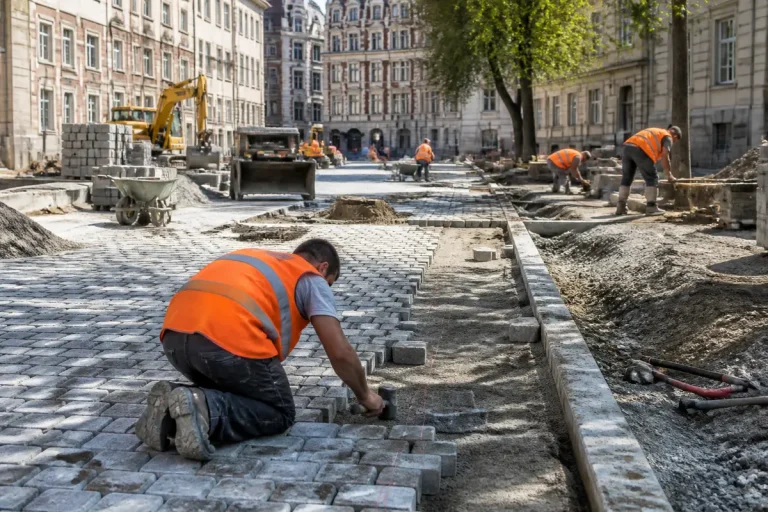 Travailleurs posant des pavés sur un chantier à Lille, rénovation de travaux en cours