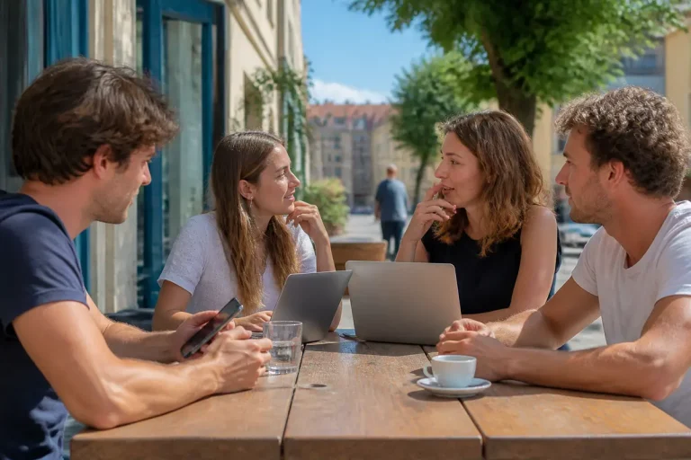 Quatre personnes discutent en extérieur autour d'une table, évaluant les avis sur LocService fr