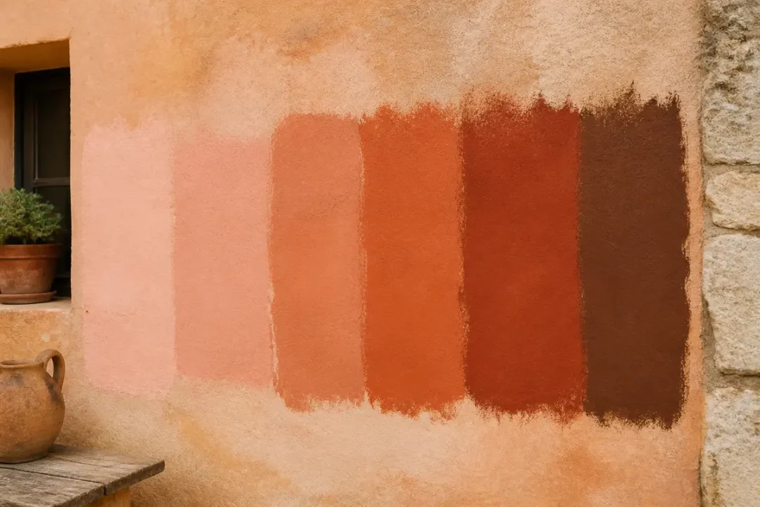 Nuances de peinture terracotta sur mur extérieur avec poterie et plante en pot