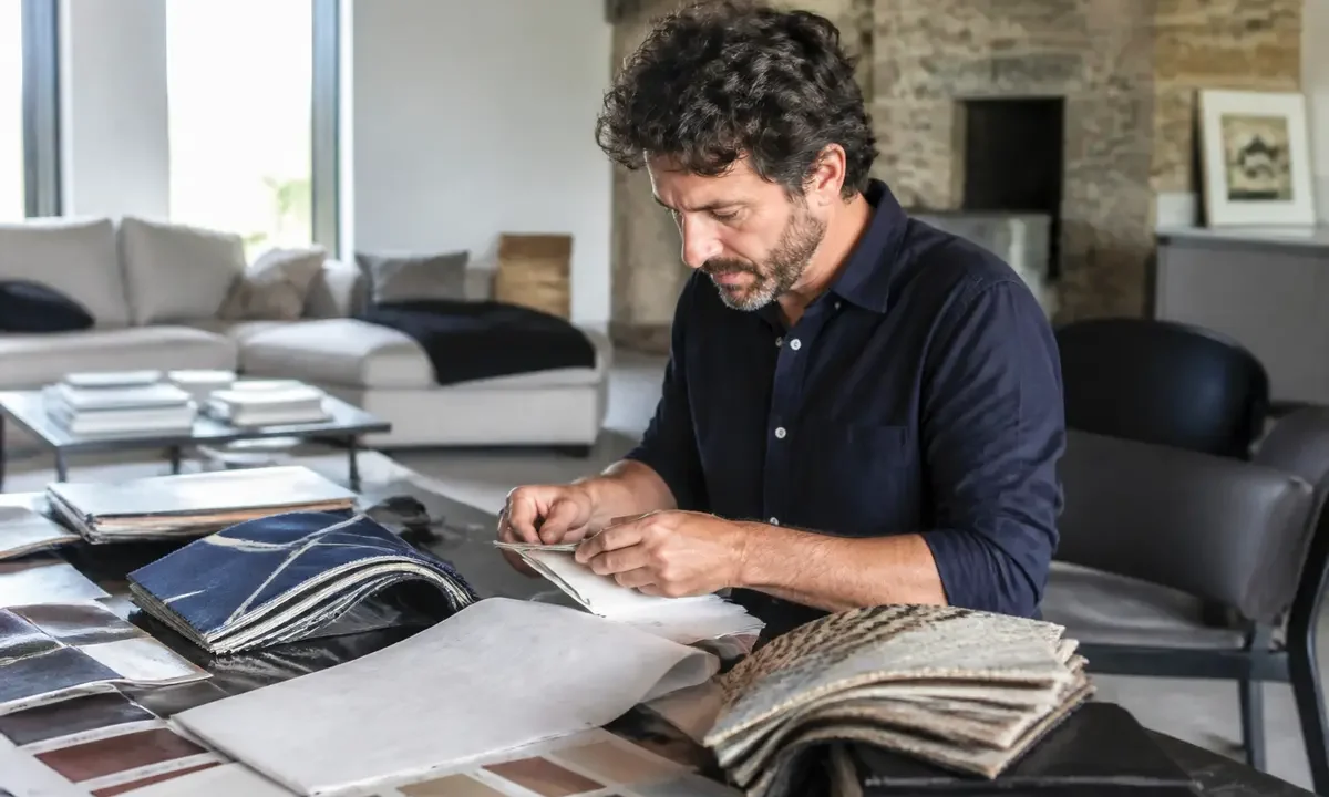 Décorateur d'intérieur consultant des échantillons pour déterminer le prix d'un projet décoratif
