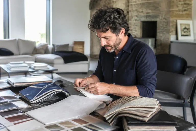 Décorateur d'intérieur consultant des échantillons pour déterminer le prix d'un projet décoratif