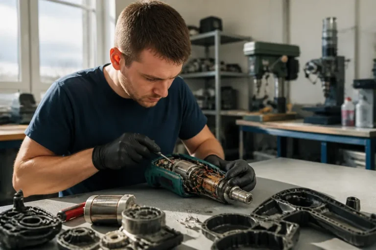 Homme effectuant du rétro-ingénierie sur un moteur électrique à l'aide d'outils spécialisés