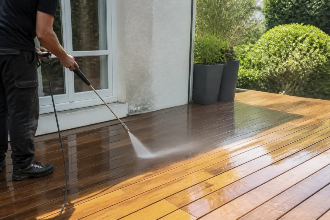 Nettoyage de terrasse en bois avec jet d'eau haute pression tarif nettoyage terrasse m2