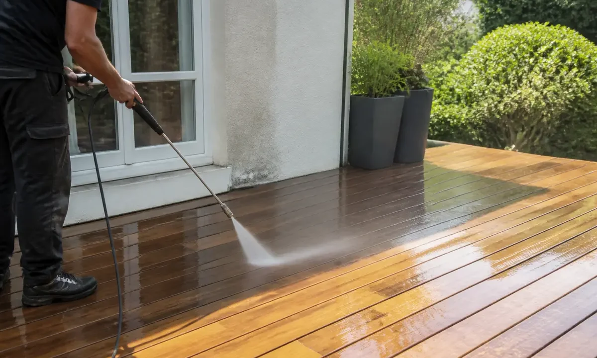 Nettoyage de terrasse en bois avec jet d'eau haute pression tarif nettoyage terrasse m2