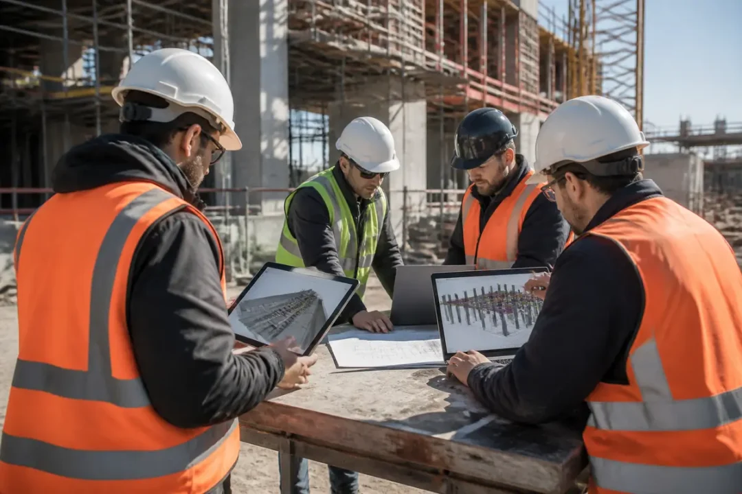 Des ingénieurs analysent un projet BIM sur des ordinateurs sur un chantier de construction