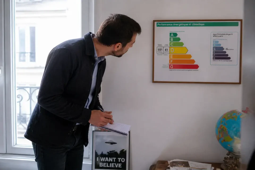 Un homme examine un affichage de performance énergétique, dpe définition incluse.