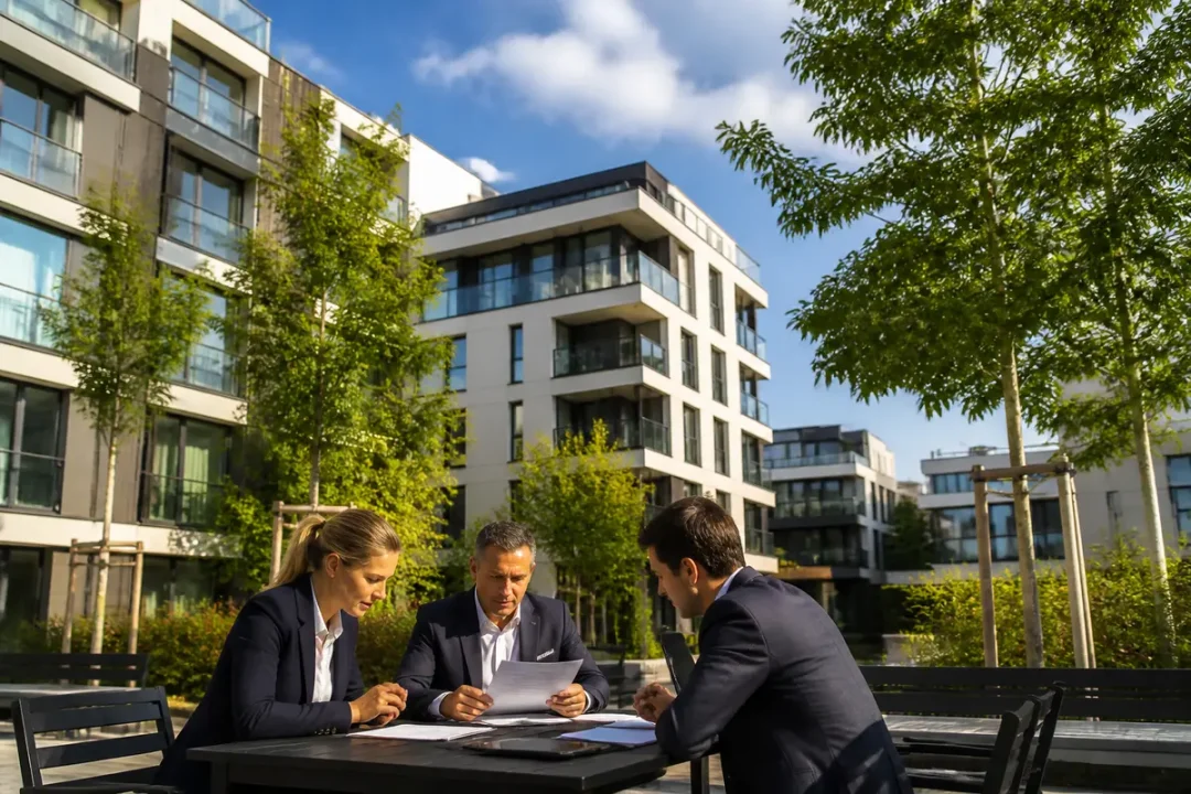 Professionnels discutant de l'immobilier à Luxembourg devant un immeuble moderne et verdoyant