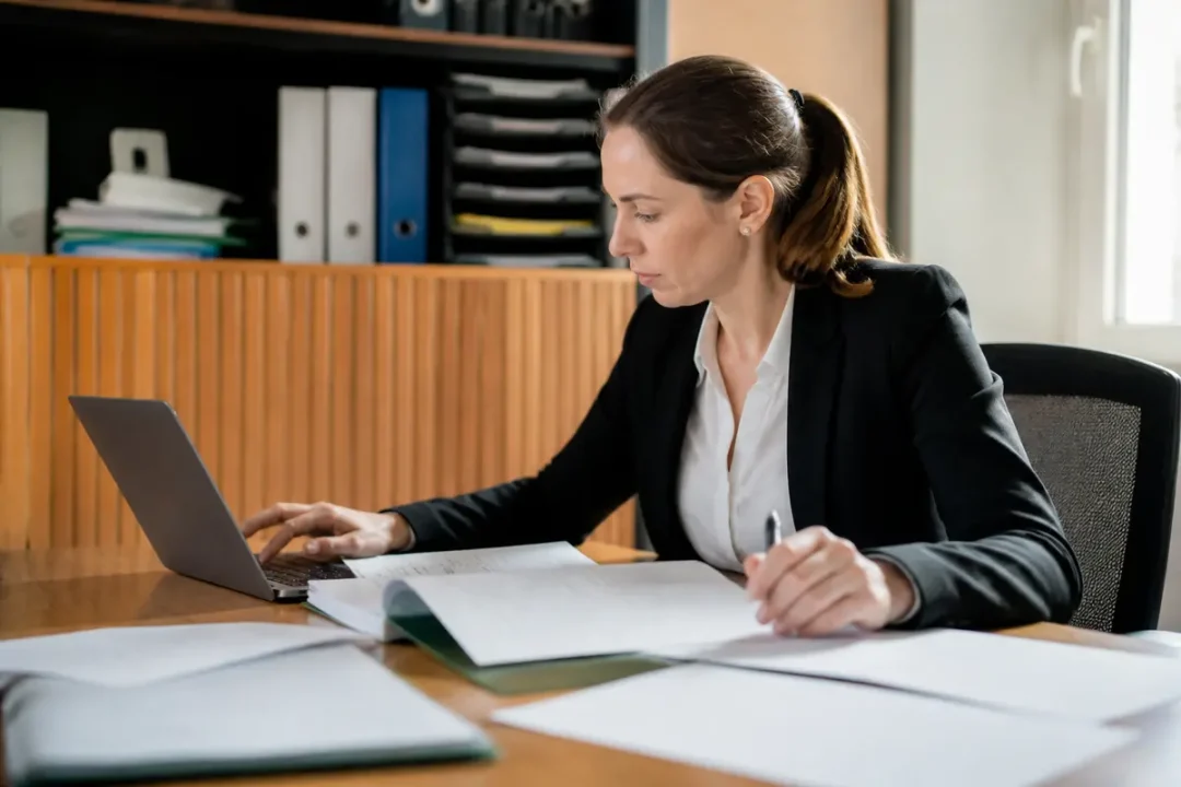 Femme travaillant sur ordinateur et référençant une liste noire des syndics