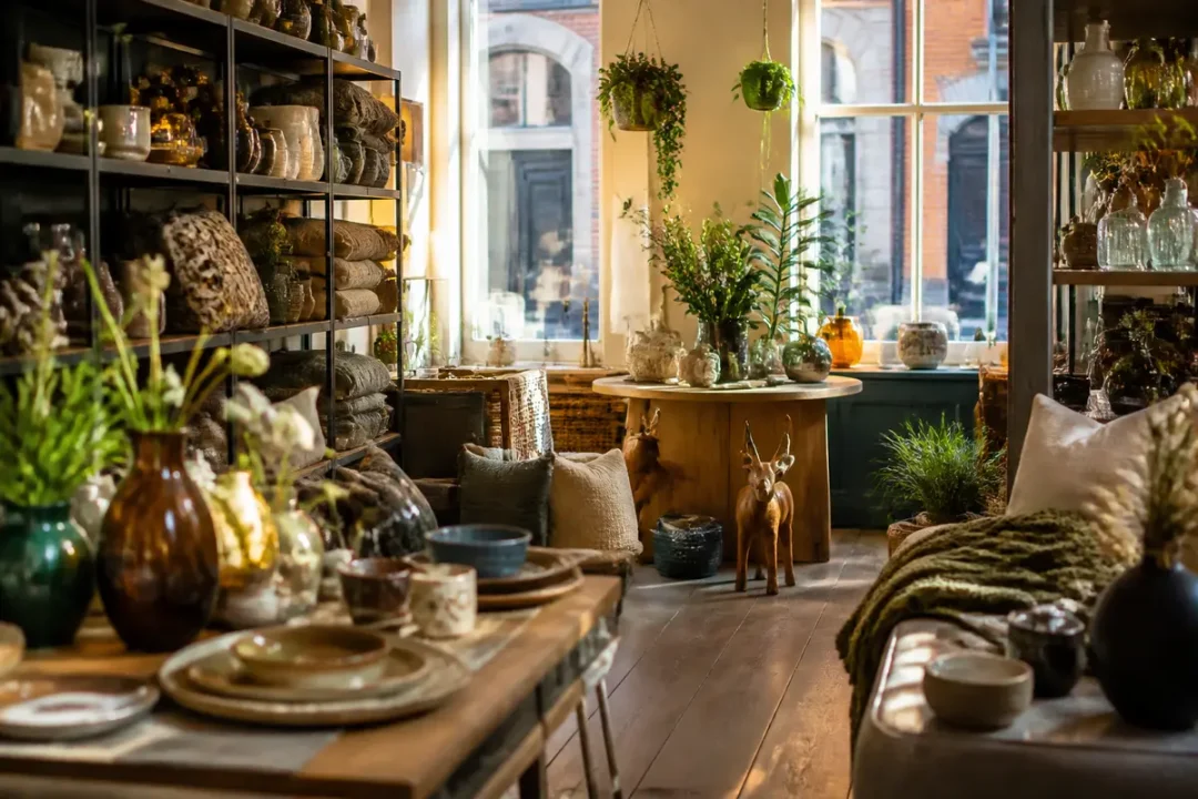 Boutique de décoration chaleureuse à Lille avec vaisselle, plantes et textiles élégants.