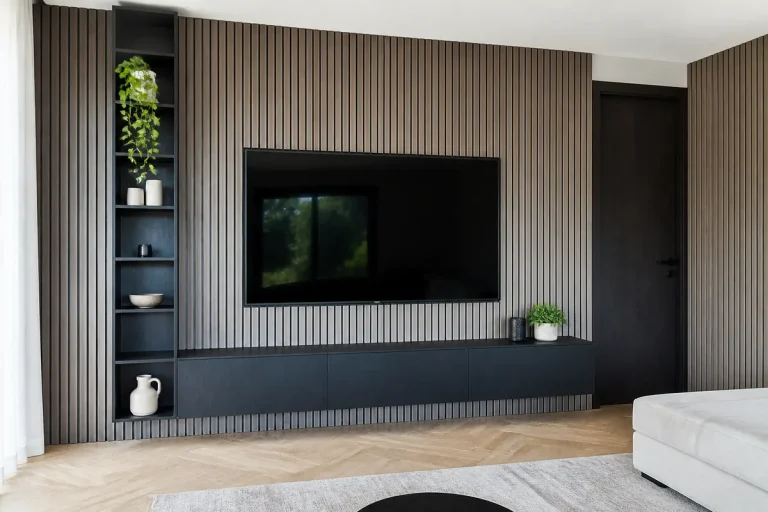 Salon moderne avec télévision murale et panneaux muraux 3D en bois rainurés élégants