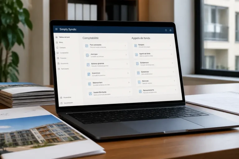 Ordinateur portable affichant le tableau de bord de gestion Simply Syndic sur un bureau.