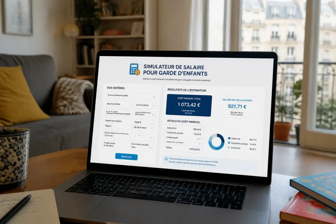 Ordinateur affichant simulateur pour calcul du salaire d'une nounou à domicile.