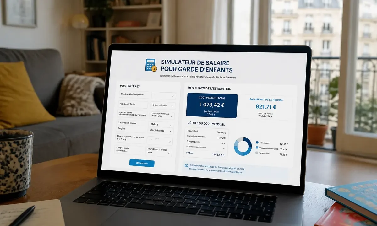 Ordinateur affichant simulateur pour calcul du salaire d'une nounou à domicile.