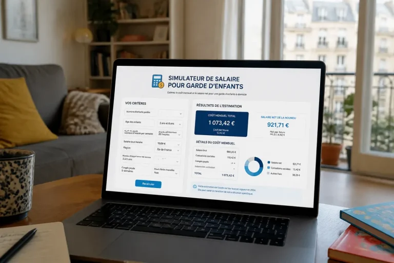 Ordinateur affichant simulateur pour calcul du salaire d'une nounou à domicile.